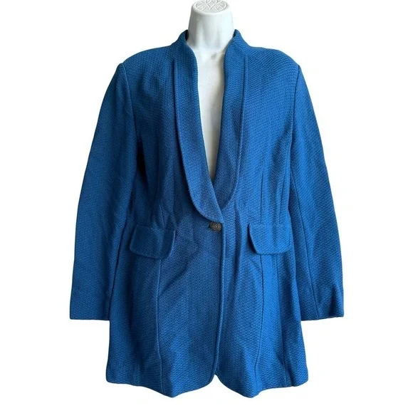 St. John Waffle Knit Blazer Jacket Women's 10 Tahoe Blue Texture Single Breasted